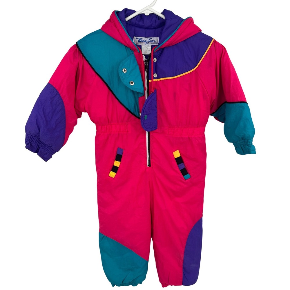 Winning Team Vintage Kids Pink Colorblock Snow Suit One Piece Hooded Size 5/6